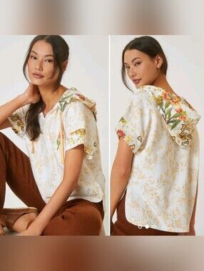Anthropologie Daily Practice Emrbroidered Short Sleeves Hoodie-Size M